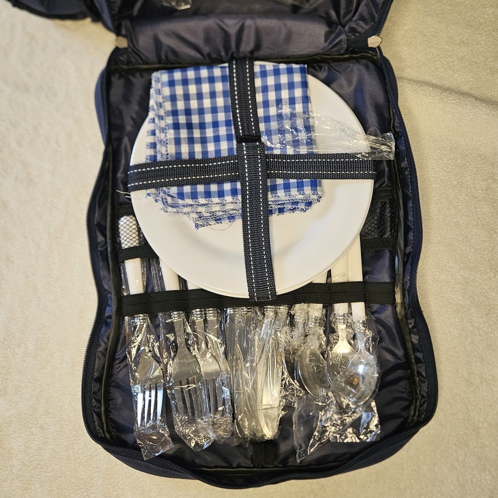 Picnic Backpack Set for 4 w/ Cooler, Utensils, Plates, Wine Glasses, Navy Blue